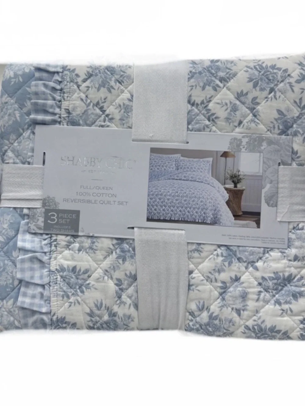 Shabby Chic Blue & White Reversible Floral Queen Cotton Quilt Set 88”x92”